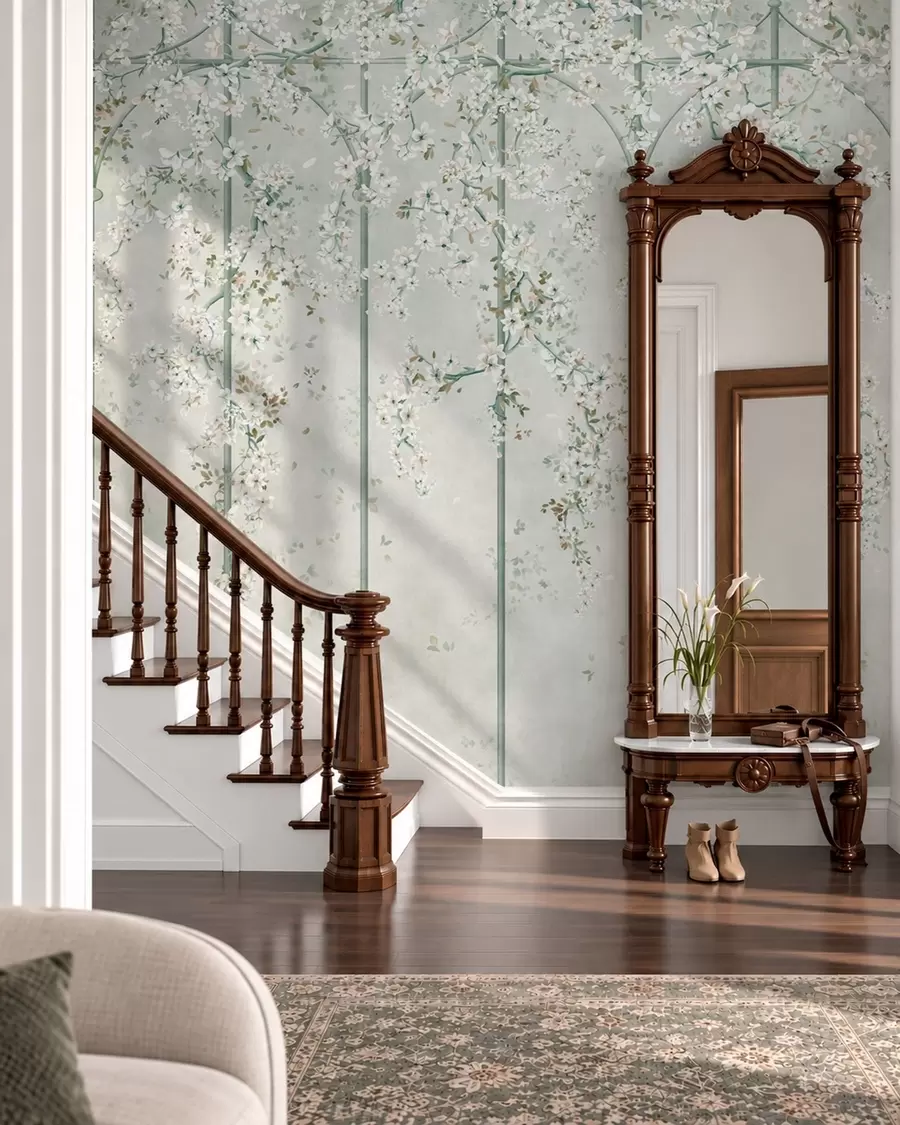 wall murals White flowering branches on a green decorative trellis w05923v2