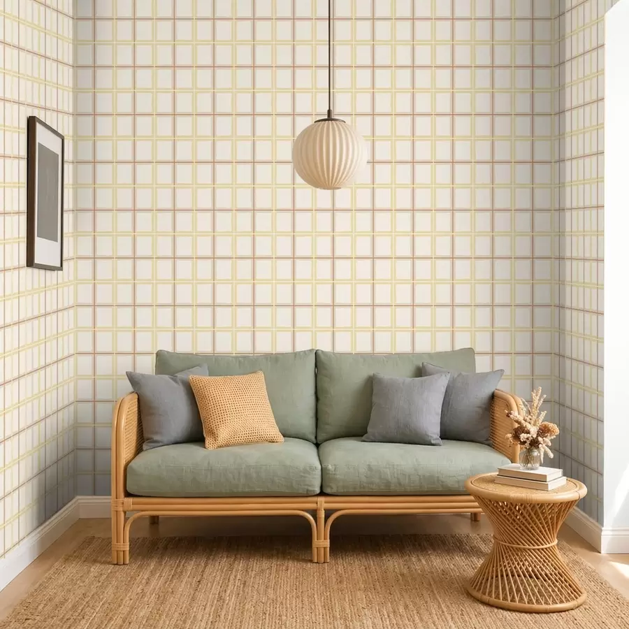 wall murals Light check pattern with yellow and beige lines a01267v5
