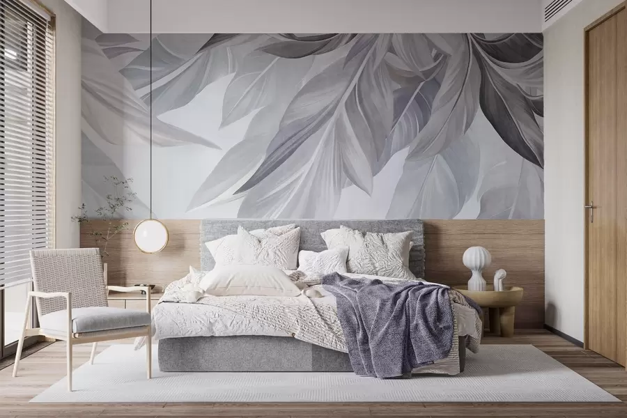 wall murals Tropical, large, muted gray and blue leaves, light, textured background w10054v1