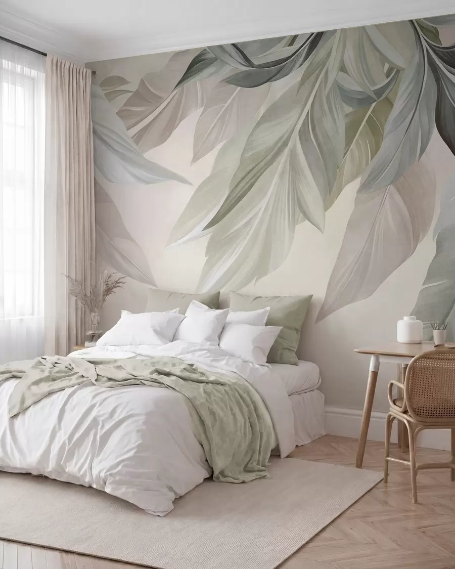 Wall Mural Photo Wallpaper Tropical, large, muted green, beige and pink leaves, light, textured background w10054