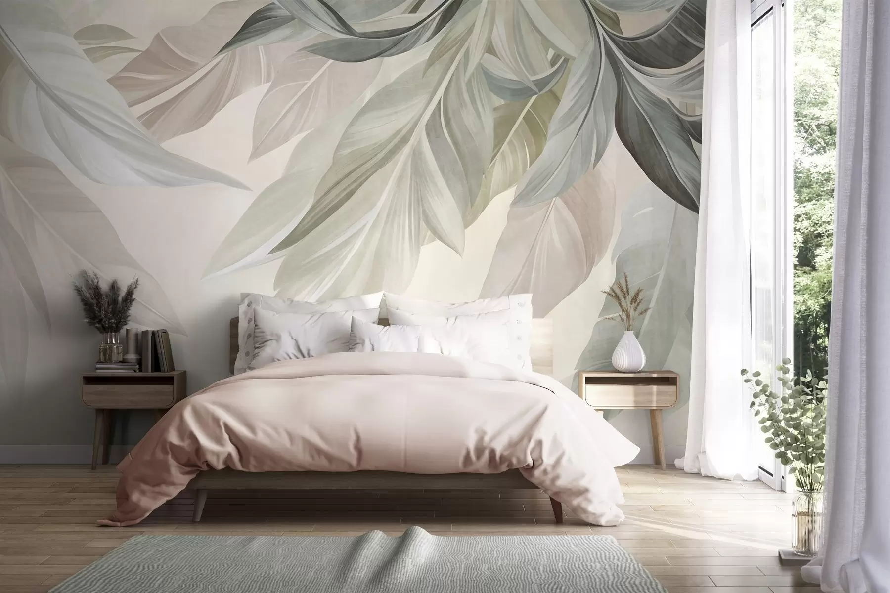 peintures murales Feuilles tropicales, grandes, dans des tons verts, beiges et roses discrets, sur un fond clair et texturé w10054