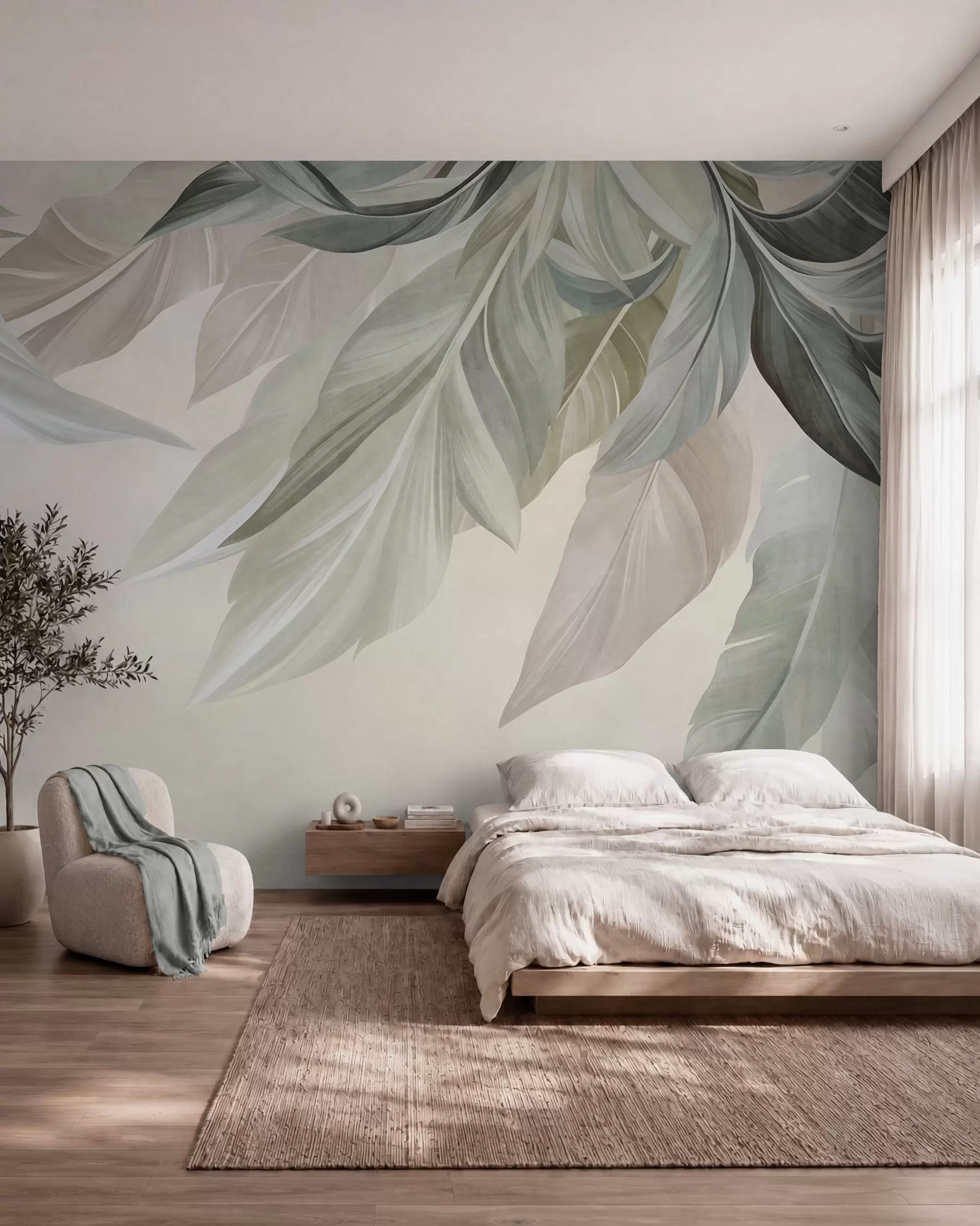 peintures murales Feuilles tropicales, grandes, dans des tons verts, beiges et roses discrets, sur un fond clair et texturé w10054