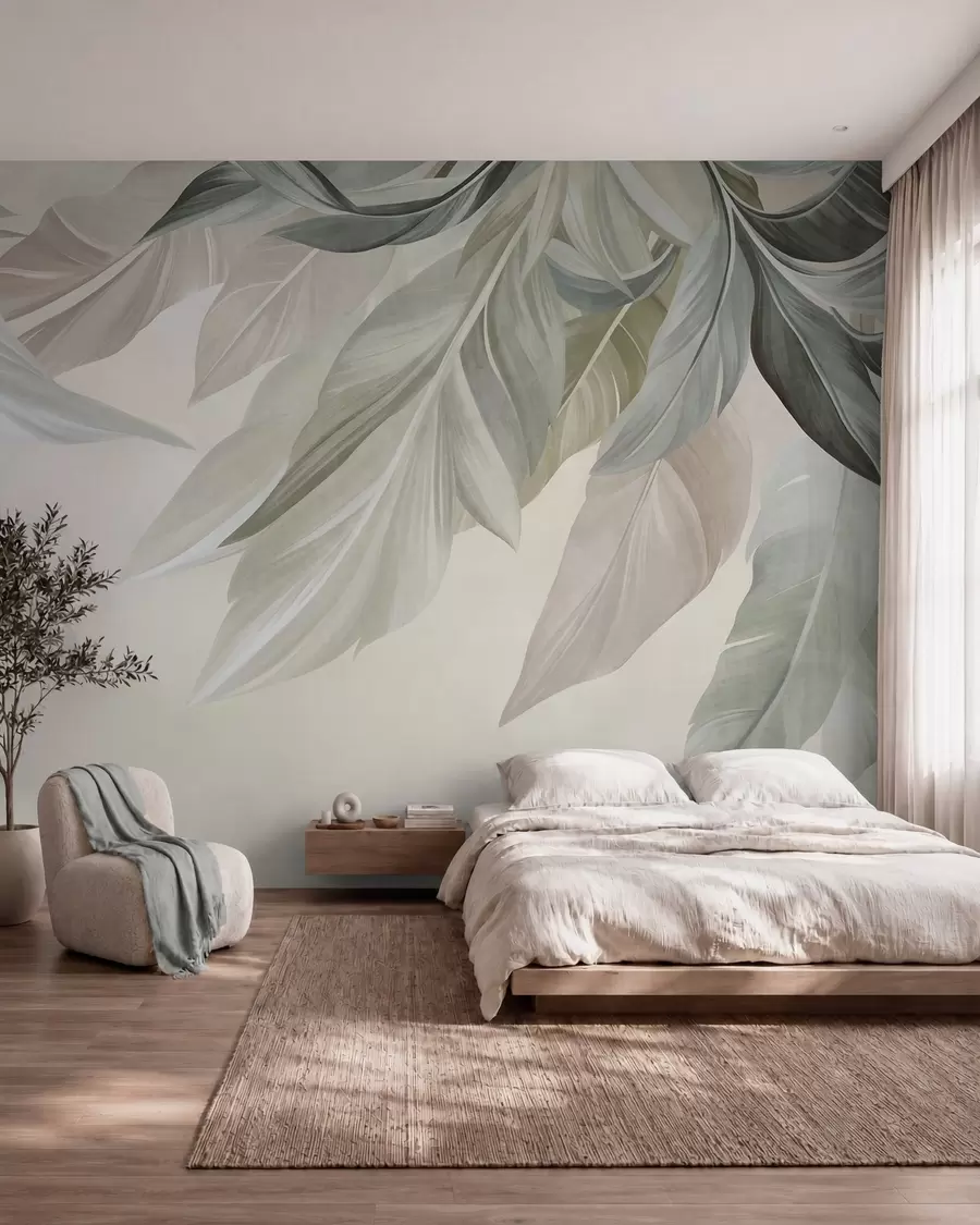 Wall Mural Photo Wallpaper Tropical, large, muted green, beige and pink leaves, light, textured background w10054