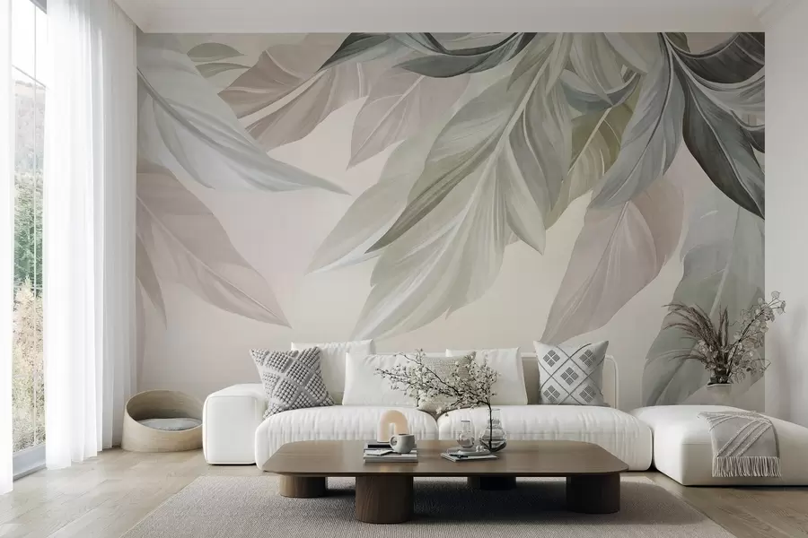 wall murals Tropical, large, muted green, beige and pink leaves, light, textured background w10054