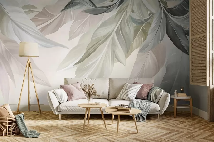 wall murals Tropical, large, muted green, beige and pink leaves, light, textured background w10054