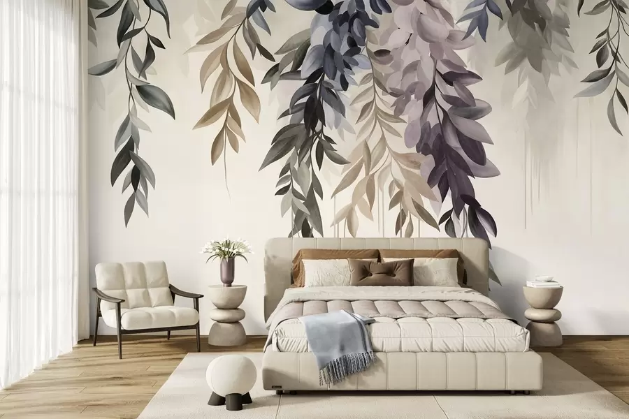 Wall Mural Photo Wallpaper Hanging abstract leaves in shades of purple, blue and beige, with long, thin stems w10057
