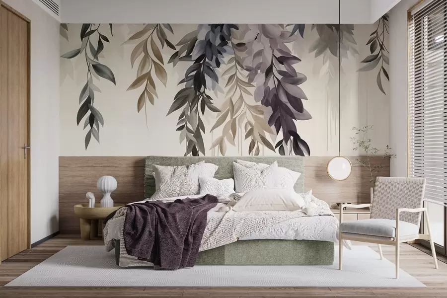 Wall Mural Photo Wallpaper Hanging abstract leaves in shades of purple, blue and beige, with long, thin stems w10057