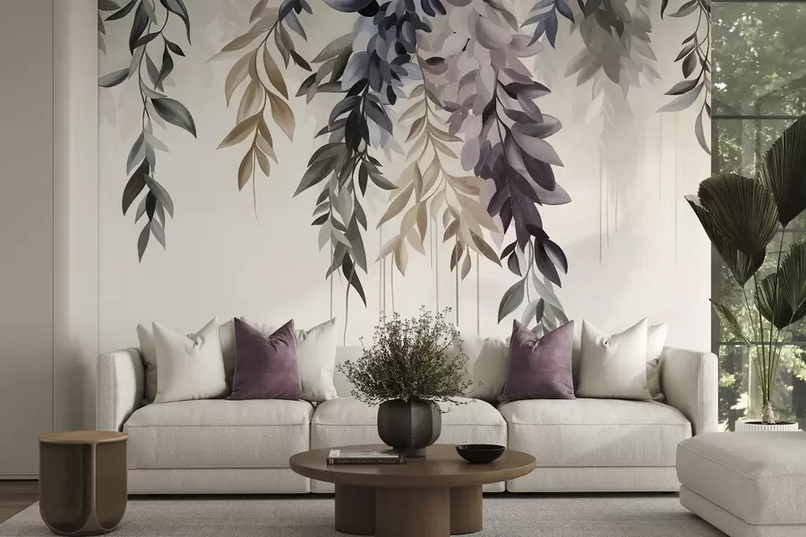 wall murals Hanging abstract leaves in shades of purple, blue and beige, with long, thin stems w10057