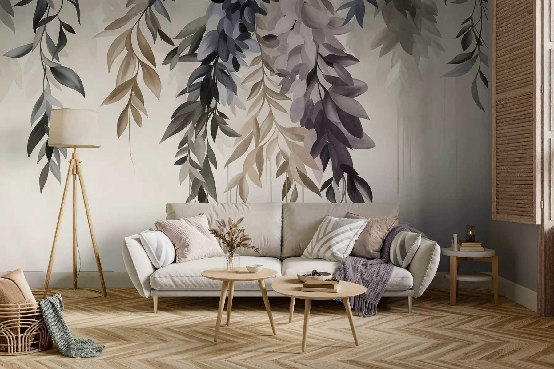 Wall Mural Photo Wallpaper Hanging abstract leaves in shades of purple, blue and beige, with long, thin stems w10057