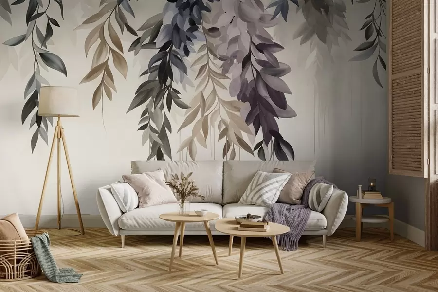 peintures murales Feuilles abstraites retombantes dans des tons de violet, de bleu et de beige, dotées de tiges longues et fines w10057
