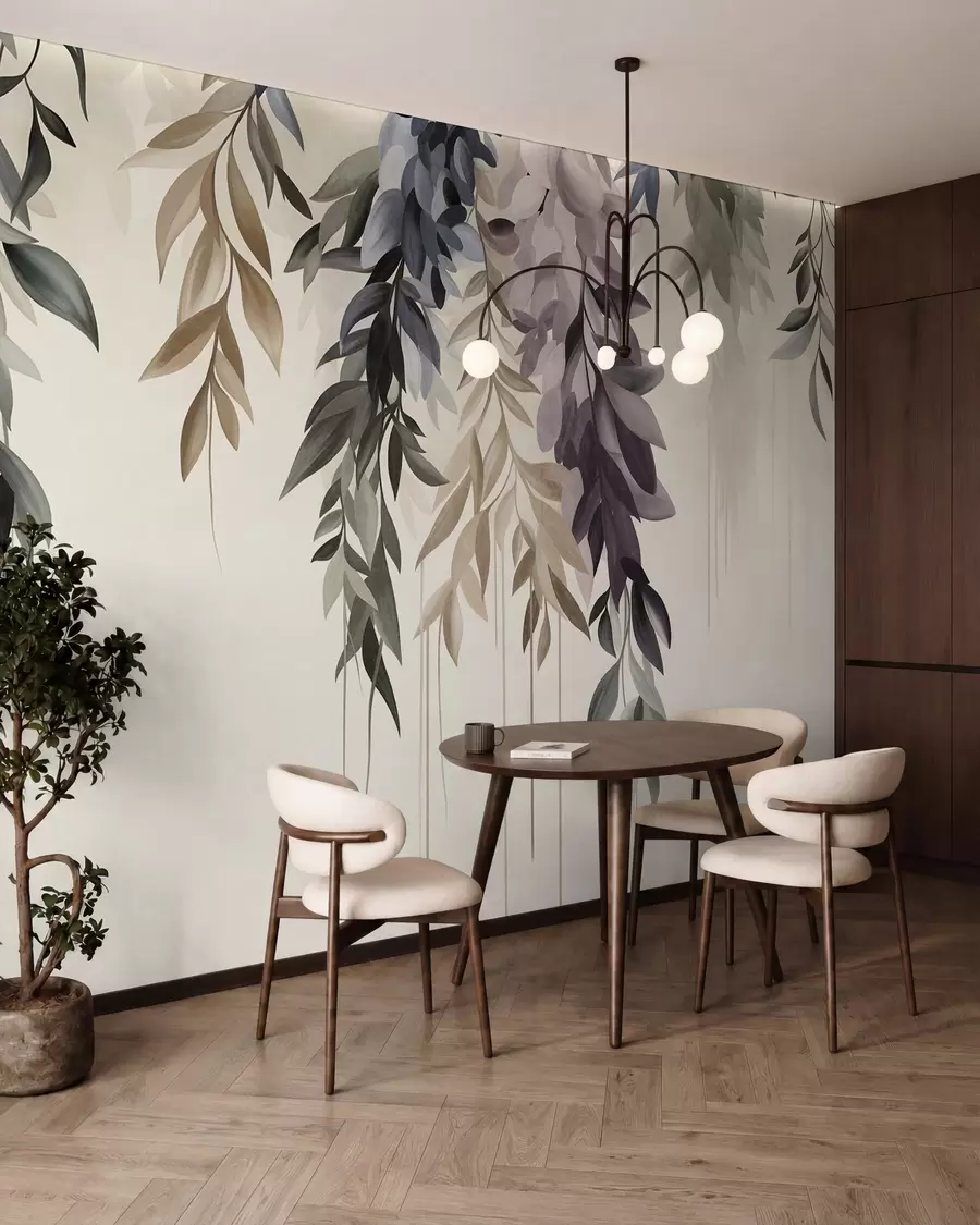 Wall Mural Photo Wallpaper Hanging abstract leaves in shades of purple, blue and beige, with long, thin stems w10057