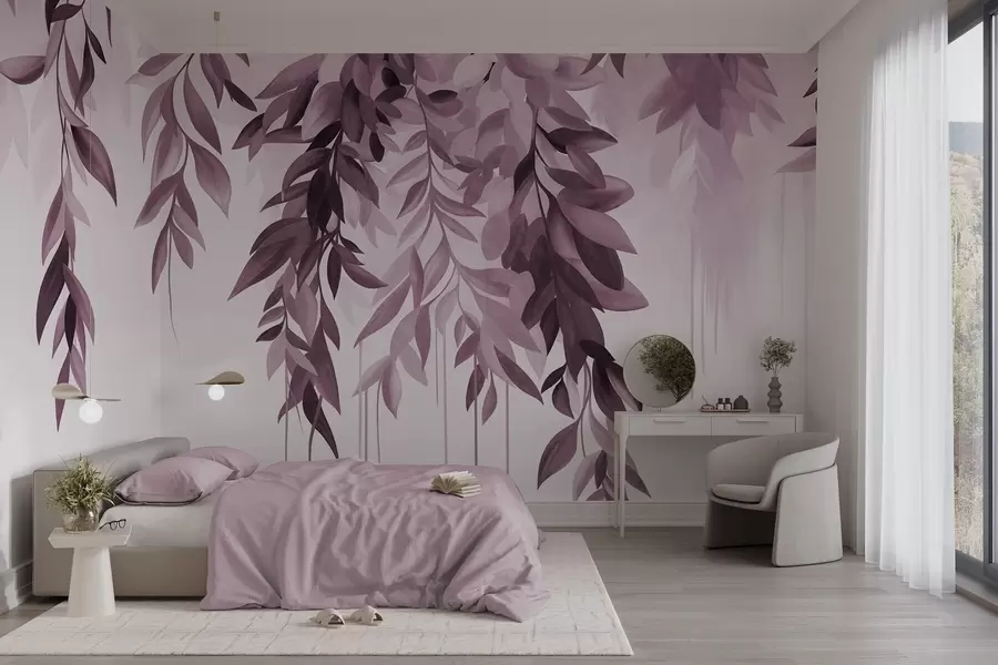 peintures murales Feuilles abstraites retombantes dans des tons de violet et de rose, dotées de tiges longues et fines w10057v1
