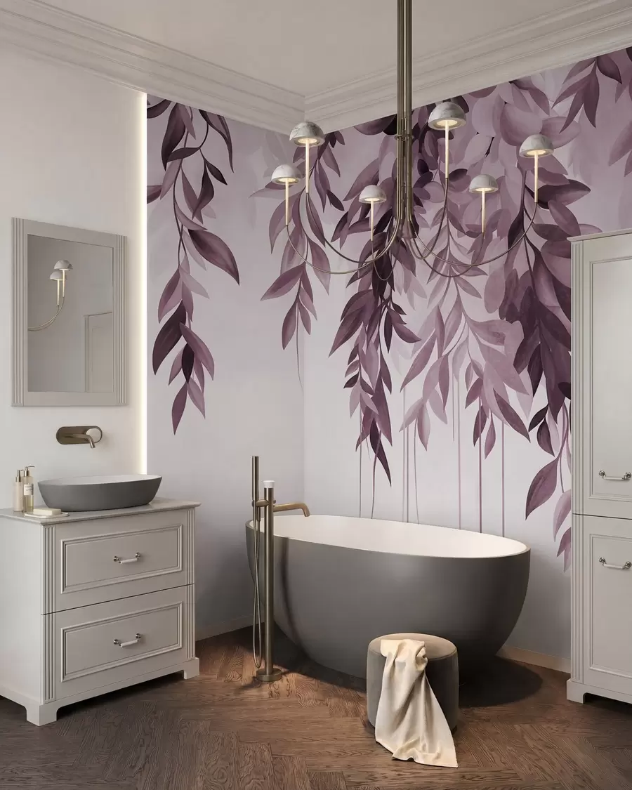 peintures murales Feuilles abstraites retombantes dans des tons de violet et de rose, dotées de tiges longues et fines w10057v1