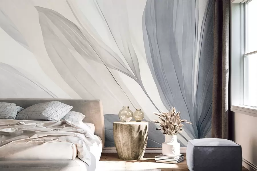wall murals Abstract translucent leaves in pastel pink, beige and blue hues, textured background w10063
