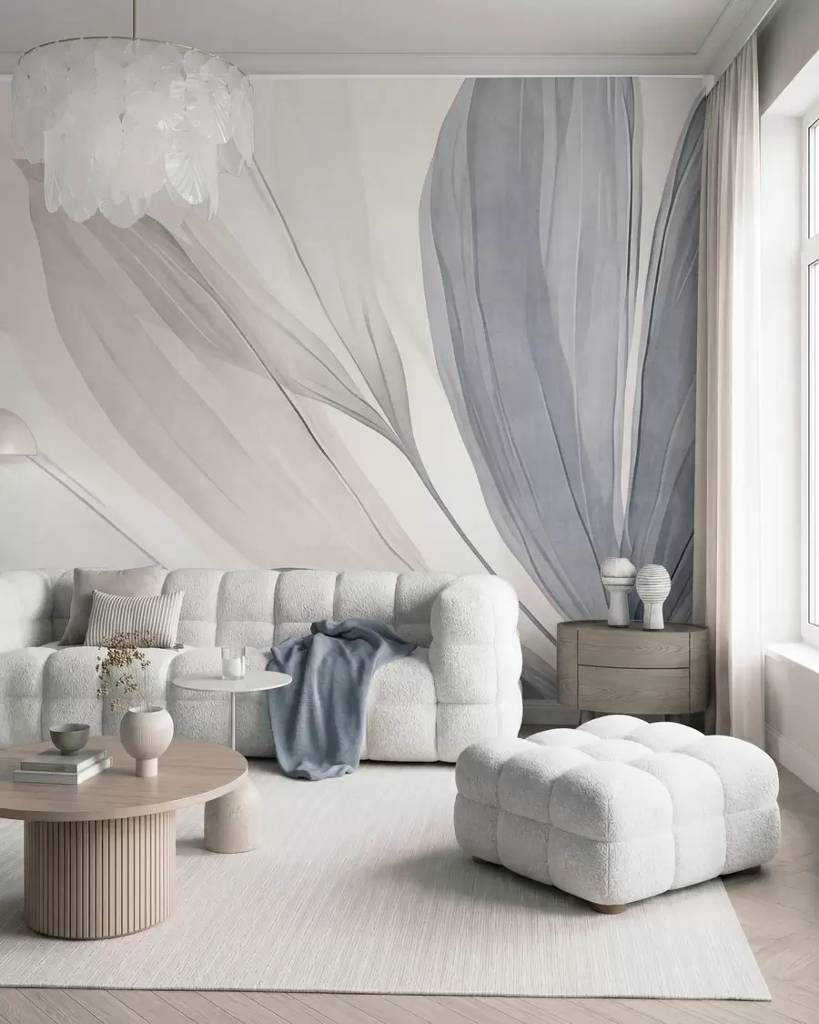wall murals Abstract translucent leaves in pastel pink, beige and blue hues, textured background w10063