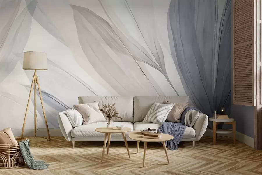 wall murals Abstract translucent leaves in pastel pink, beige and blue hues, textured background w10063