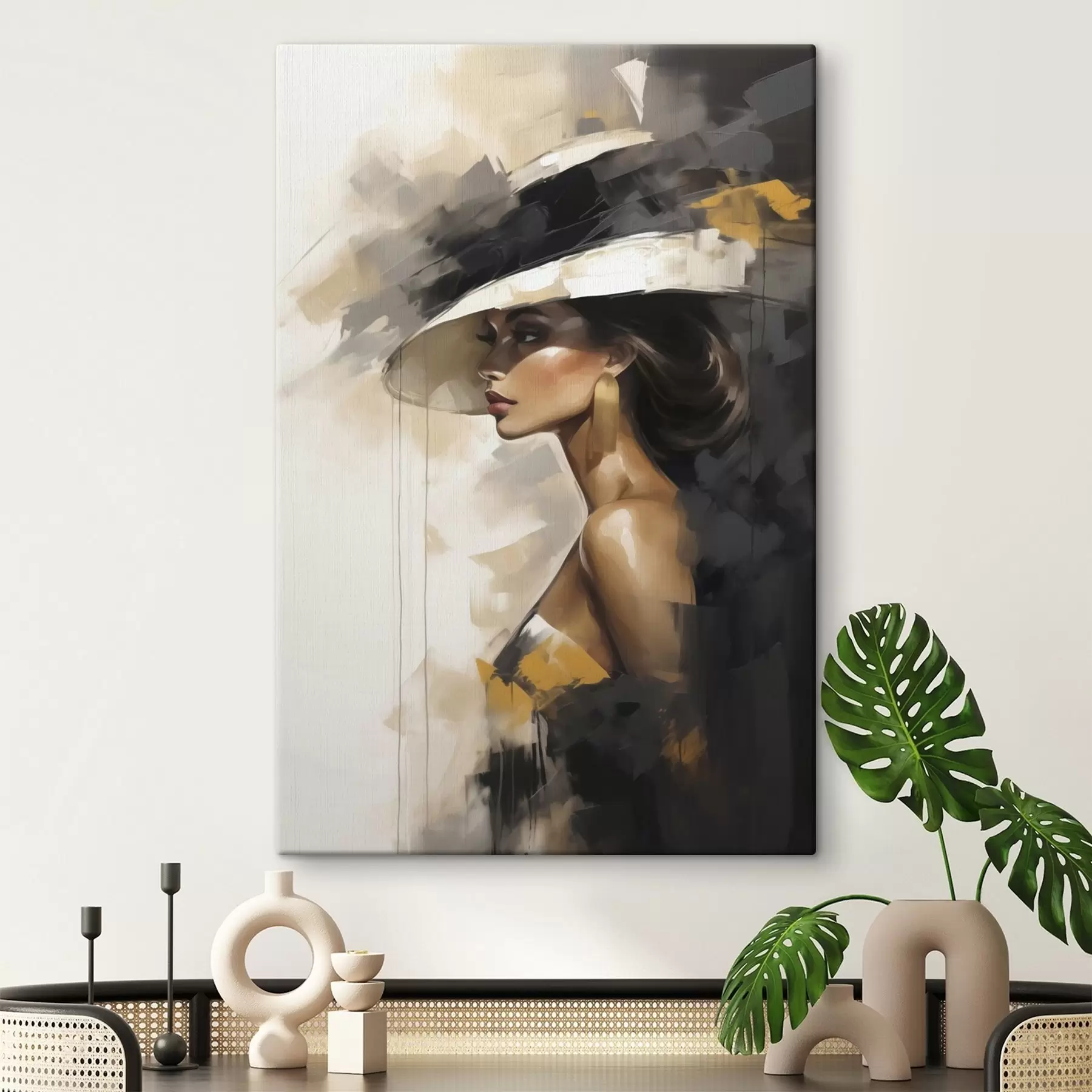 murales Mujer joven abstracta con sombrero, imitando un cuadro s50845