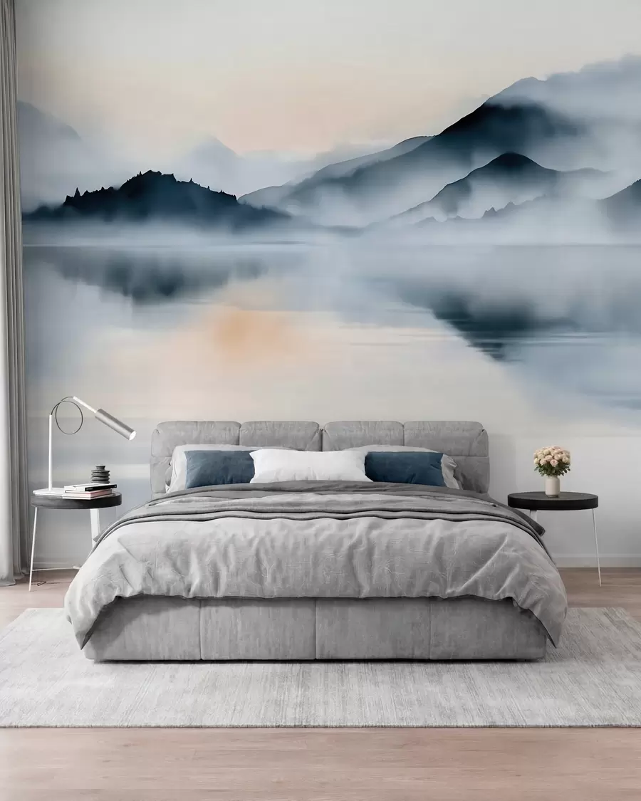 Wall Mural Photo Wallpaper A lake set against a backdrop of misty mountains, in a watercolour style w10078