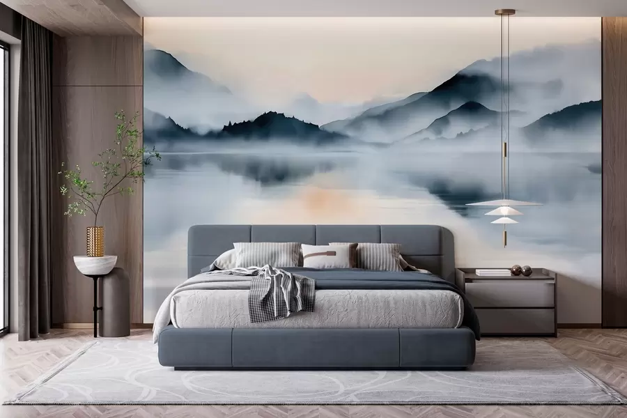 Wall Mural Photo Wallpaper A lake set against a backdrop of misty mountains, in a watercolour style w10078