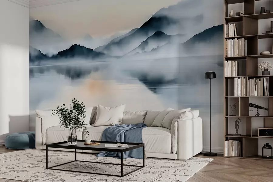 peintures murales Un lac avec, en arrière-plan, des montagnes brumeuses, dans un style aquarelle w10078