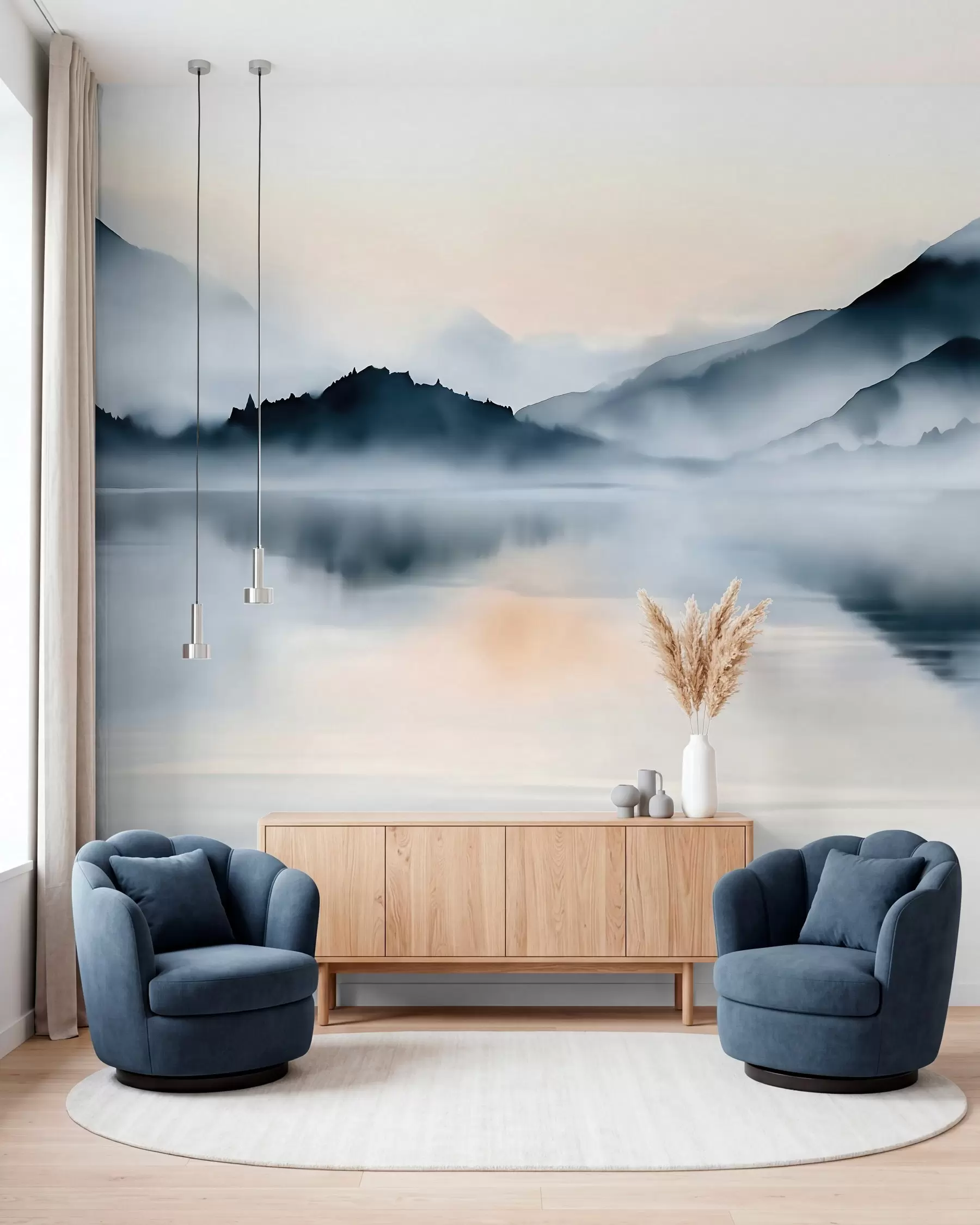 peintures murales Un lac avec, en arrière-plan, des montagnes brumeuses, dans un style aquarelle w10078