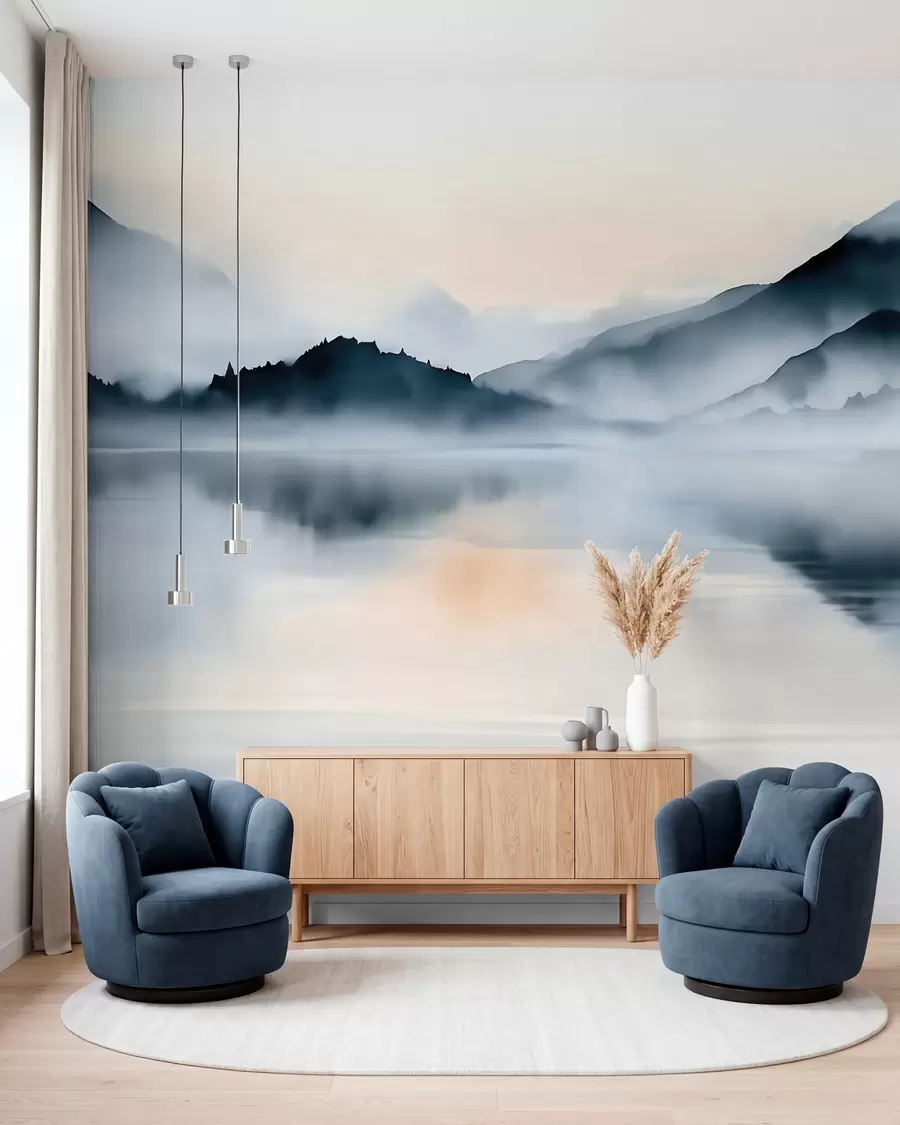 peintures murales Un lac avec, en arrière-plan, des montagnes brumeuses, dans un style aquarelle w10078