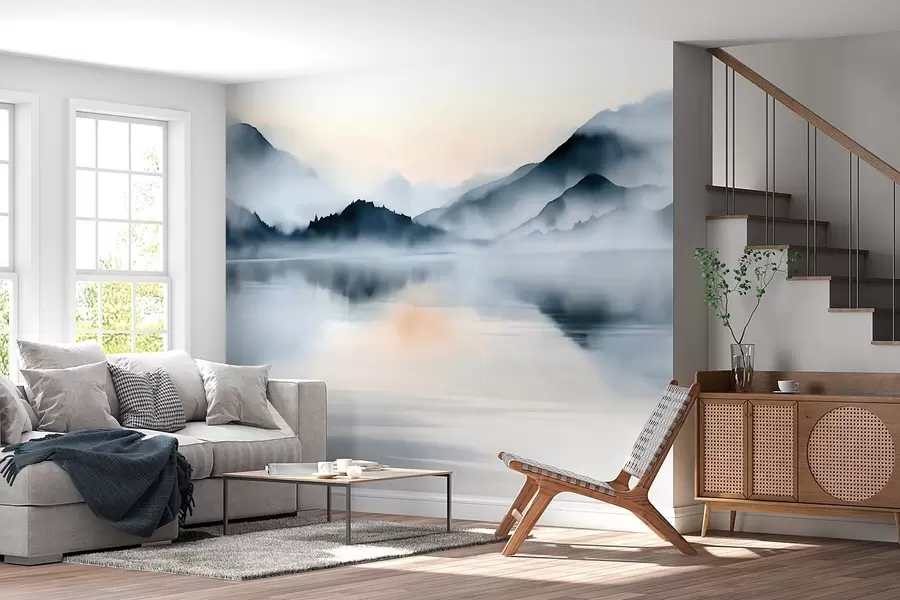 Wall Mural Photo Wallpaper A lake set against a backdrop of misty mountains, in a watercolour style w10078
