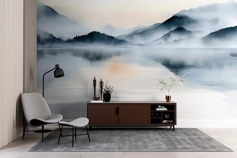 wall murals A lake set against a backdrop of misty mountains, in a watercolour style w10078