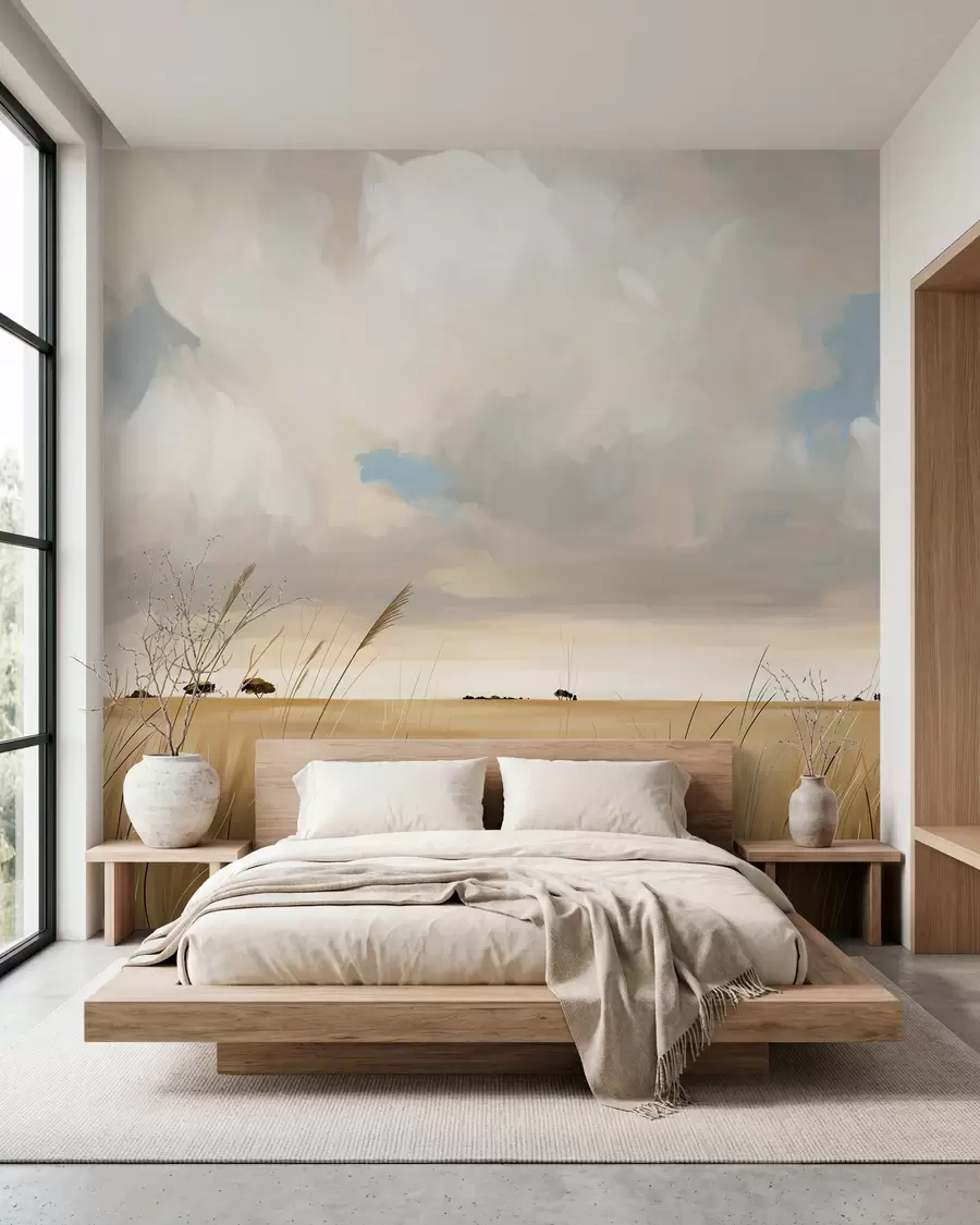 Wall Mural Photo Wallpaper A panoramic view of a vast yellow field of grass beneath a cloudy sky w10079