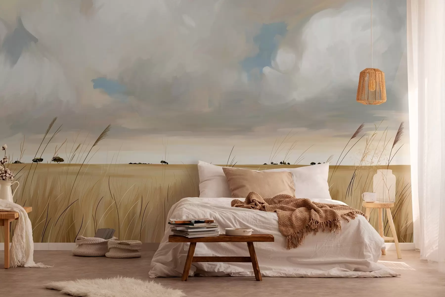 Wall Mural Photo Wallpaper A panoramic view of a vast yellow field of grass beneath a cloudy sky w10079