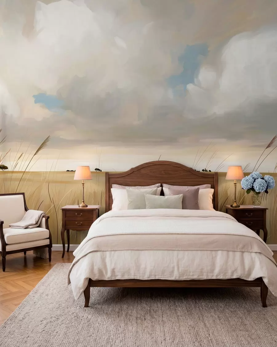 wall murals A panoramic view of a vast yellow field of grass beneath a cloudy sky w10079