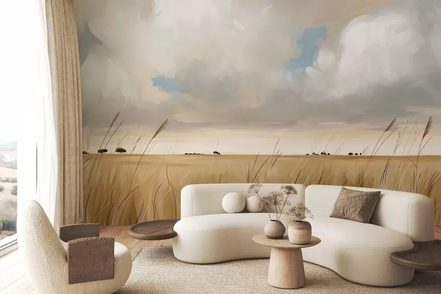 Wall Mural Photo Wallpaper A panoramic view of a vast yellow field of grass beneath a cloudy sky w10079