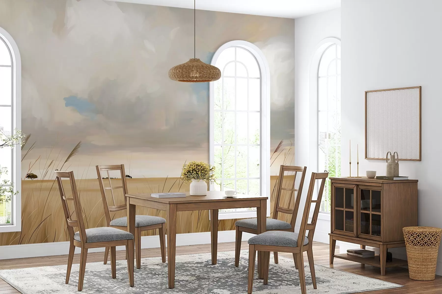 wall murals A panoramic view of a vast yellow field of grass beneath a cloudy sky w10079