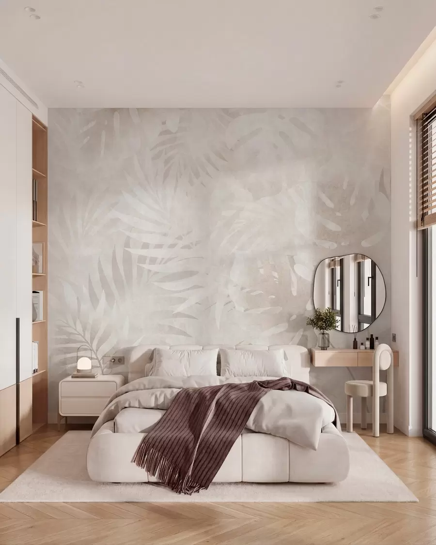 peintures murales Feuilles tropicales avec un effet grunge dans des tons beige poudré w10080