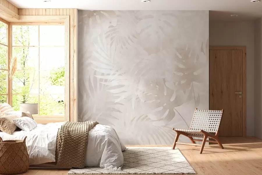 wall murals Tropical leaves with a grunge effect in powdery beige tones w10080