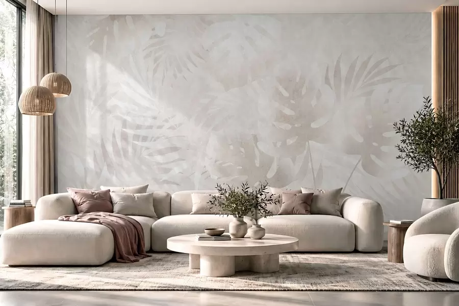 Wall Mural Photo Wallpaper Tropical leaves with a grunge effect in powdery beige tones w10080