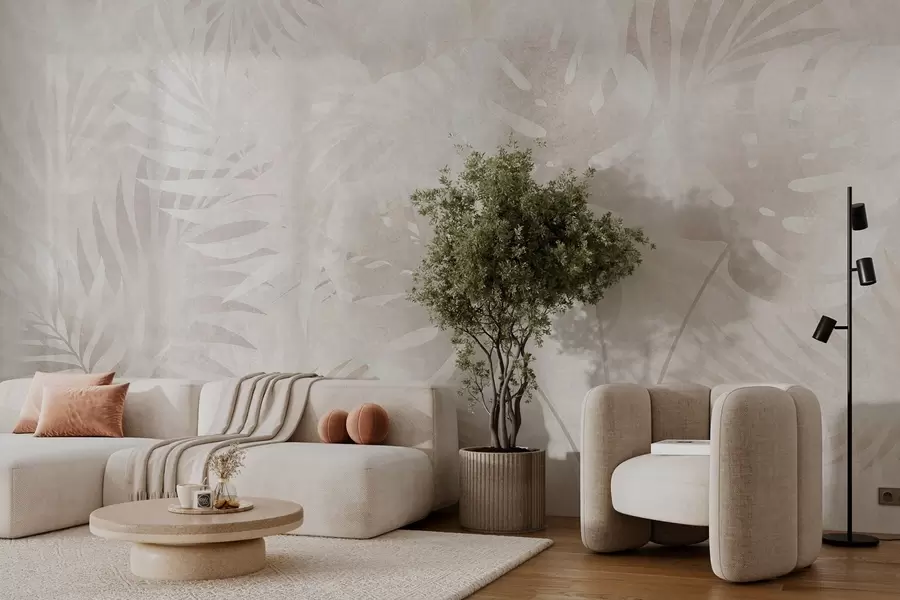 peintures murales Feuilles tropicales avec un effet grunge dans des tons beige poudré w10080