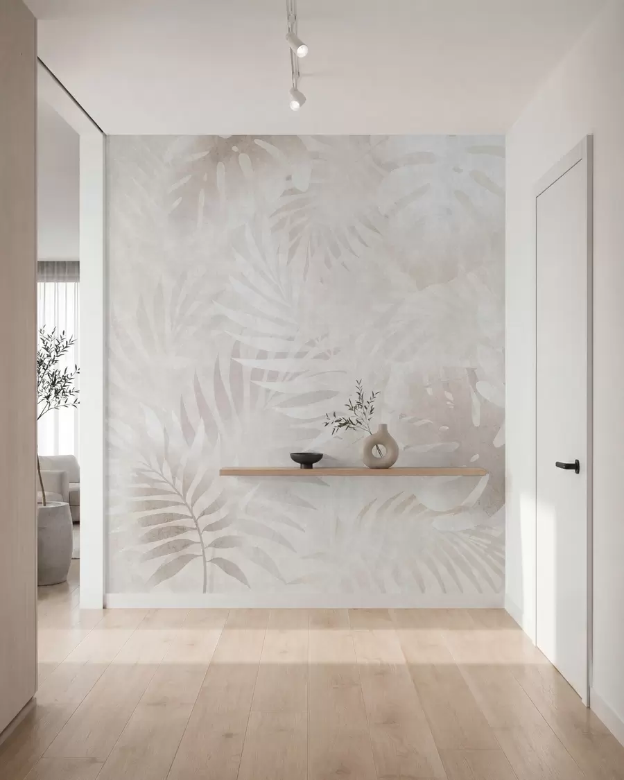 wall murals Tropical leaves with a grunge effect in powdery beige tones w10080