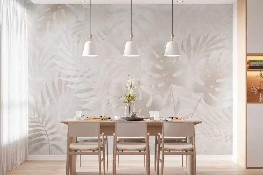 murales Hojas tropicales con efecto grunge en tonos beige difuminados w10080
