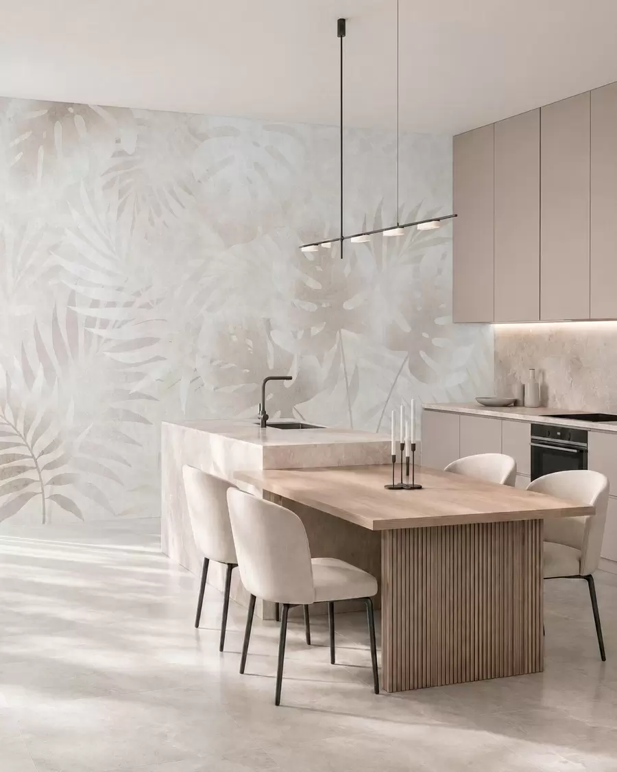 murales Hojas tropicales con efecto grunge en tonos beige difuminados w10080