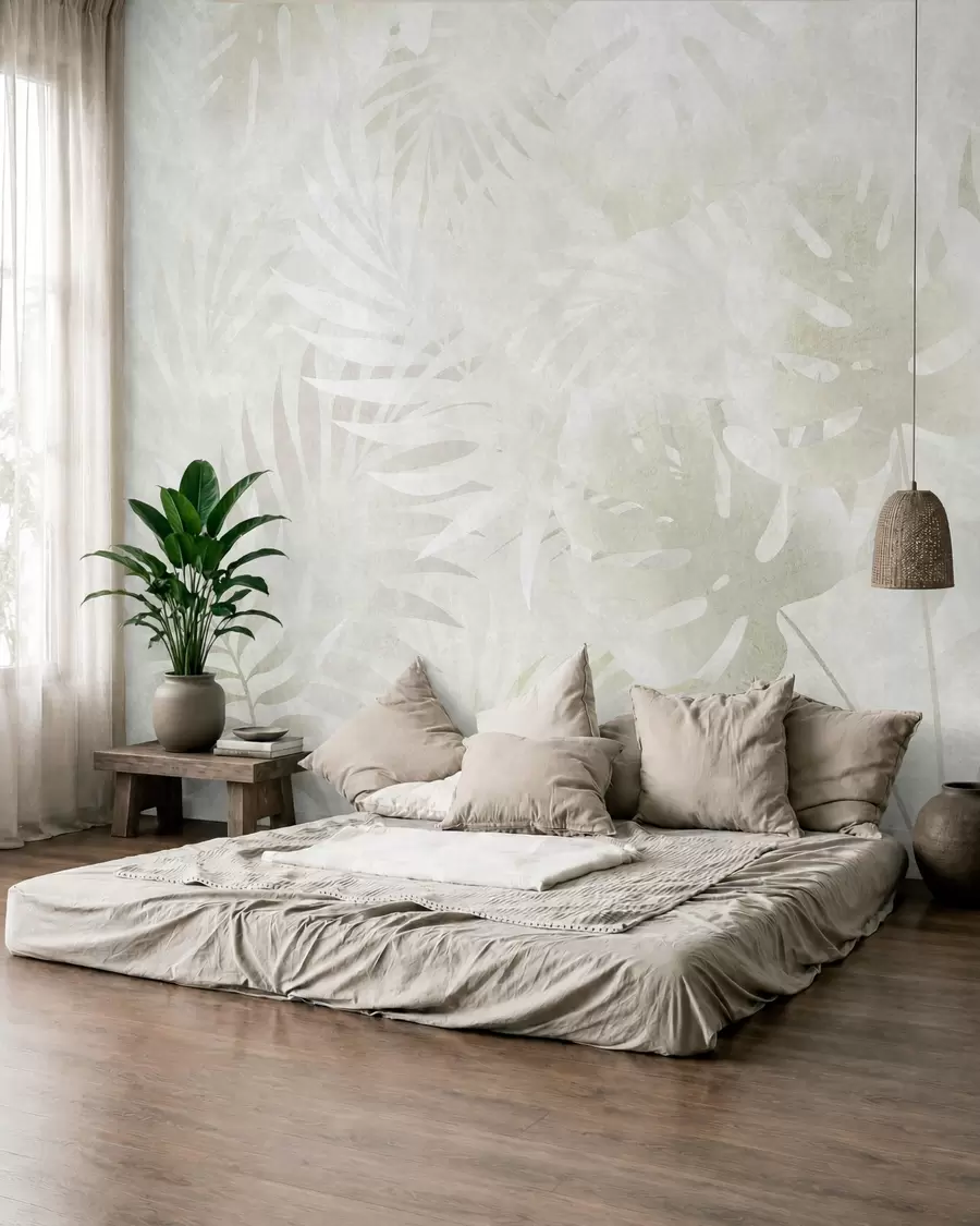 Wall Mural Photo Wallpaper Tropical leaves with a grunge effect in neutral beige tones w10080v1