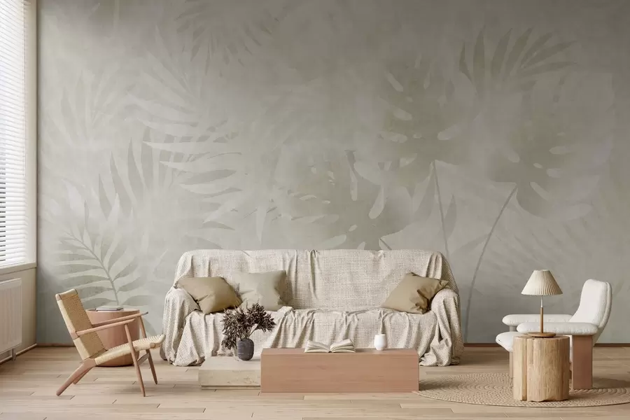 peintures murales Feuilles tropicales avec un effet grunge dans des tons beiges neutres w10080v1