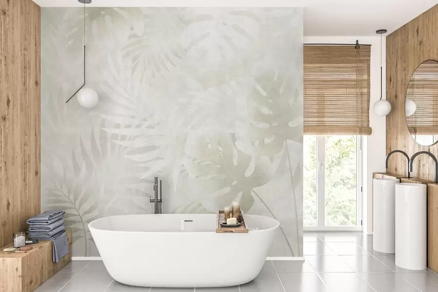 murales Hojas tropicales con efecto grunge en tonos beige neutros w10080v1