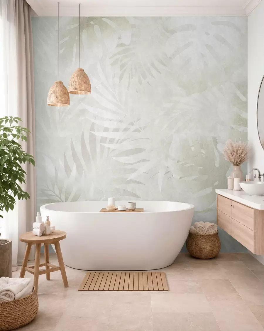 peintures murales Feuilles tropicales avec un effet grunge dans des tons beiges neutres w10080v1