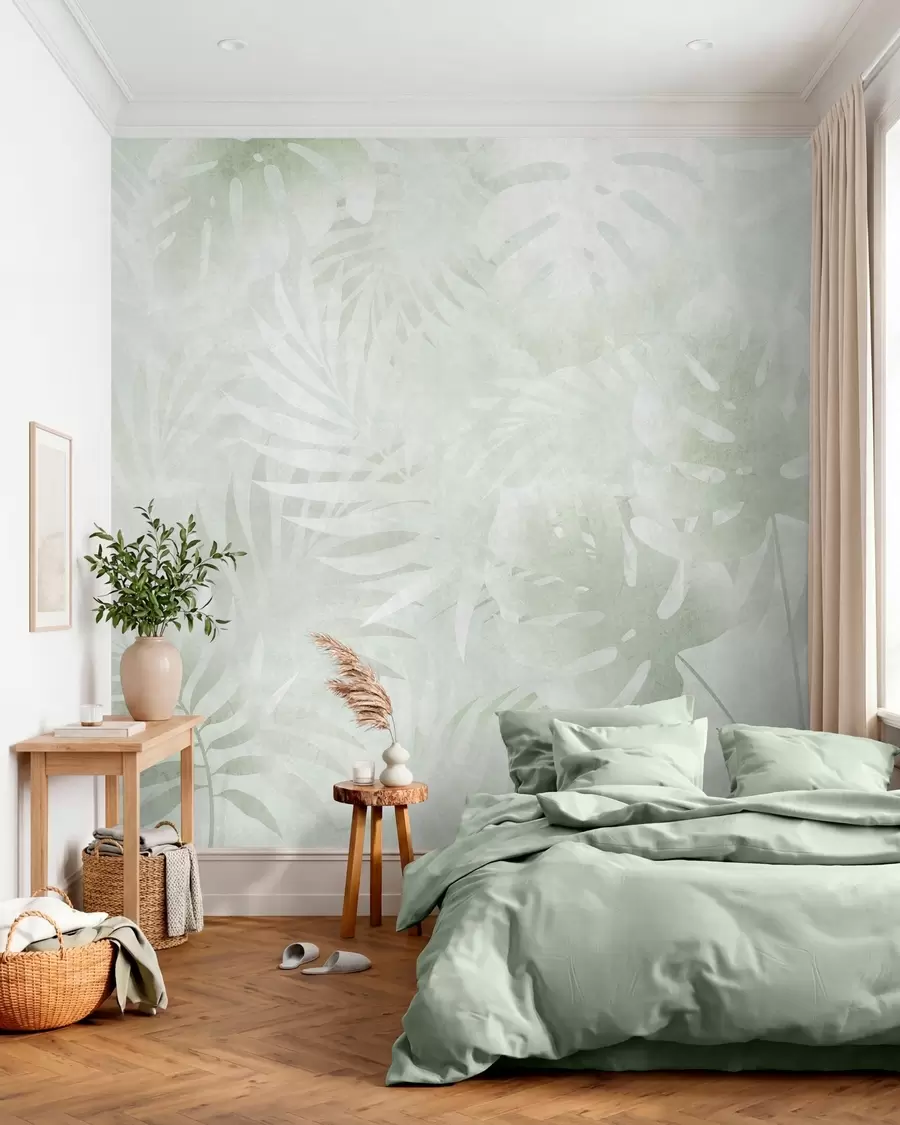Wall Mural Photo Wallpaper Tropical leaves with a grunge effect in shades of green w10080v2