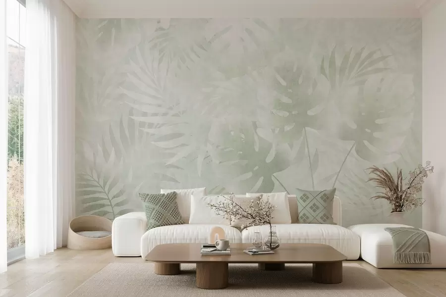 peintures murales Feuilles tropicales avec un effet grunge dans des nuances de vert w10080v2