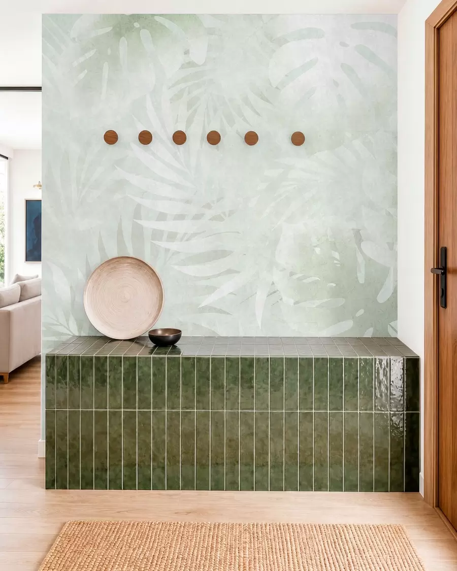 wall murals Tropical leaves with a grunge effect in shades of green w10080v2