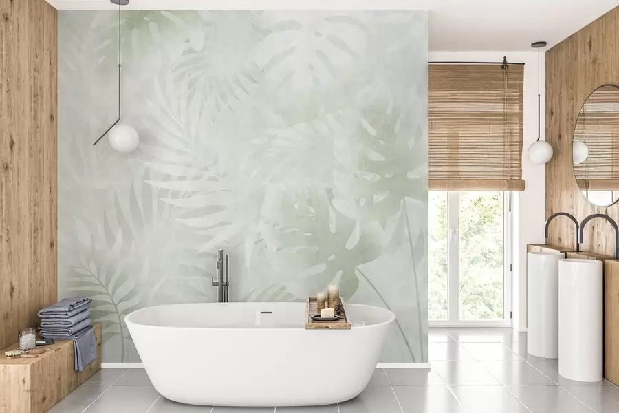 peintures murales Feuilles tropicales avec un effet grunge dans des nuances de vert w10080v2