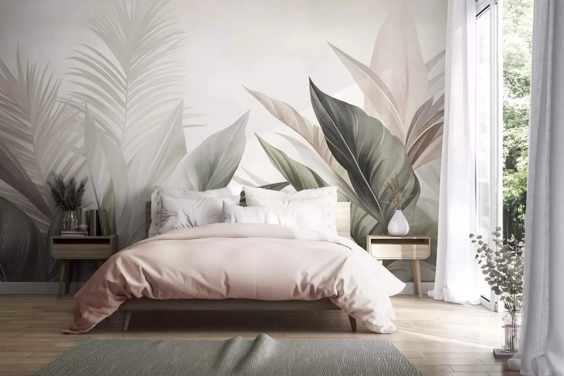 Wall Mural Photo Wallpaper Tropical leaves in shades of green and pink, textured and large, modern art w10055