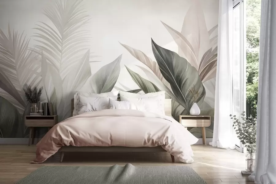Wall Mural Photo Wallpaper Tropical leaves in shades of green and pink, textured and large, modern art w10055
